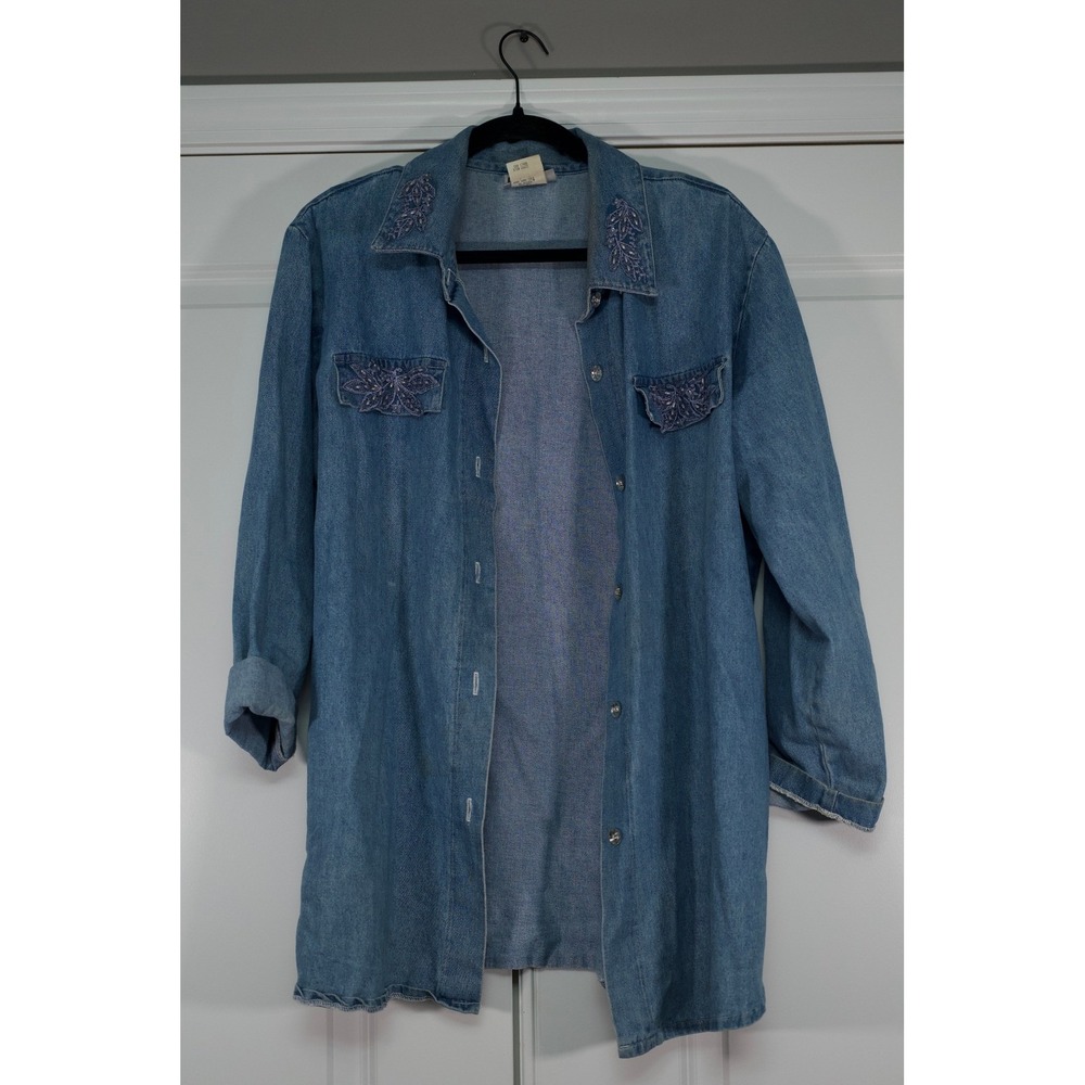 Saint Germain Paris Denim Shirt Large Blue Beaded Embroidery Western Button Down
